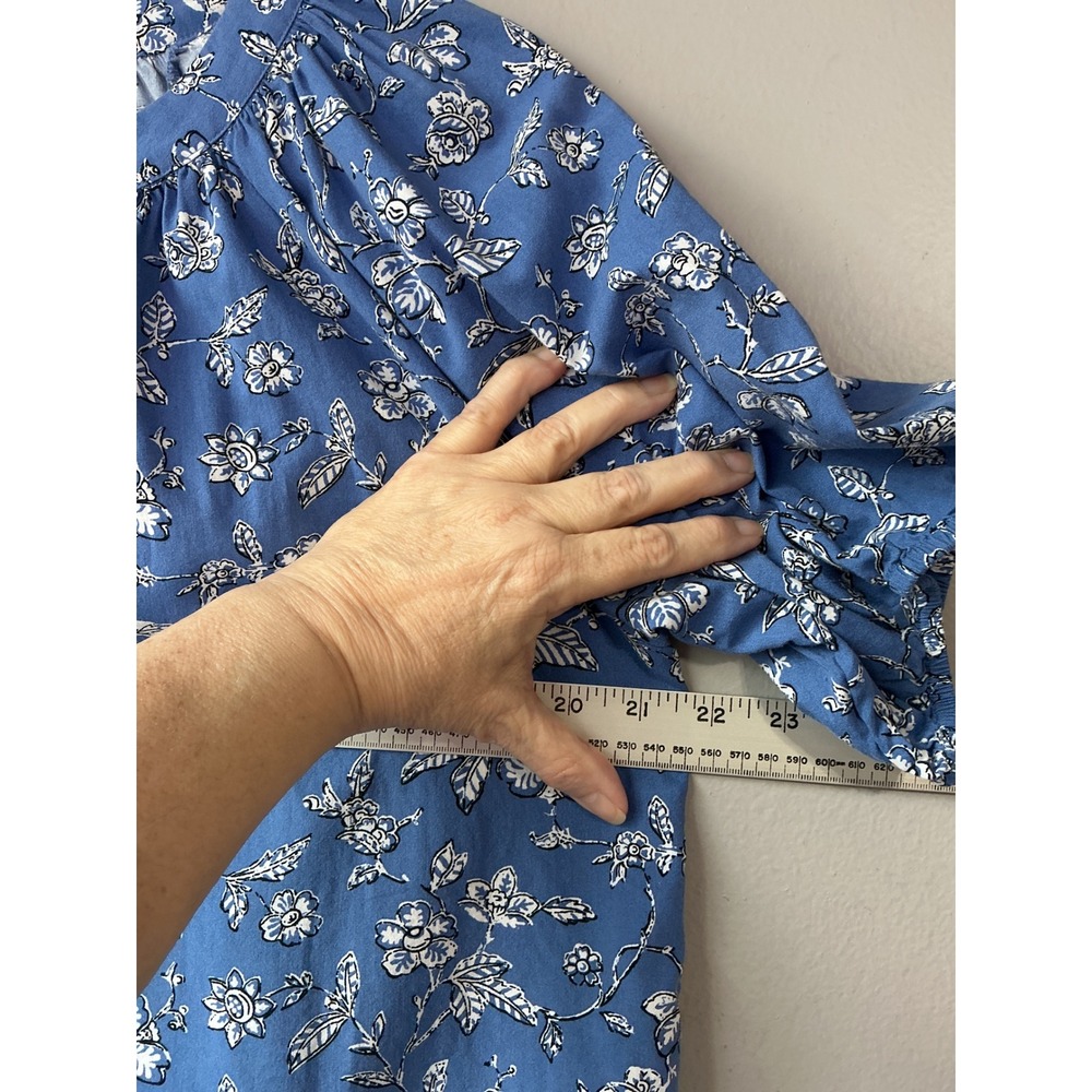 LOFT Blue Floral Cotton Rayon Tie Neck Puff Short Sleeve Peasant Blouse Medium - Picture 7 of 9